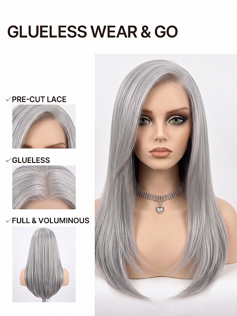 Glamvigor Hybrillia™ Blend Human Hair Light Grey long layered PRE-CUT Lace Part Wig GLP073