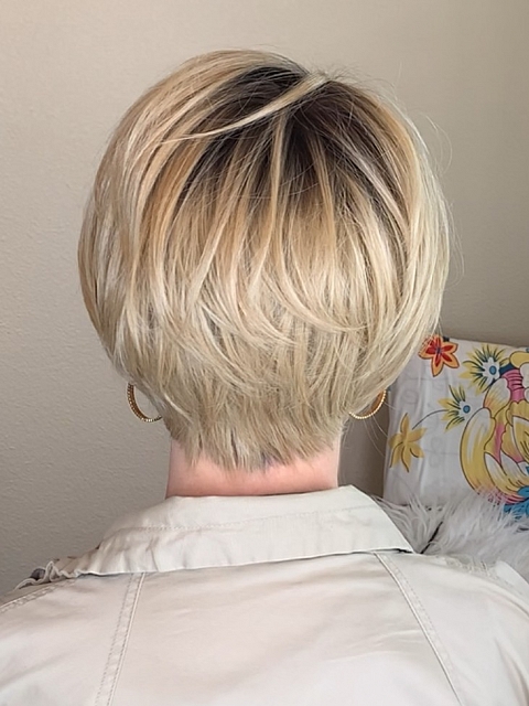 Beautiful Brown Roots Ombre Light Blonde short pixie bob Synthetic Mono Top wig GMT004