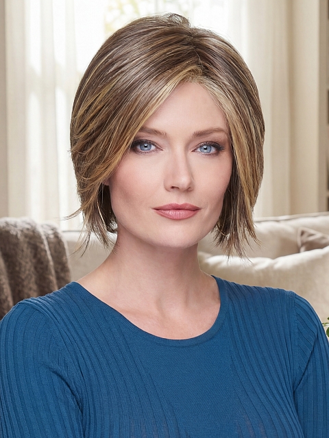 Glamvigor Hybrillia™ Blend Human Hair  Medium Light Brown Evenly Blended with Medium Golden Blonde modern bob Wig (Basic Cap) GBC015