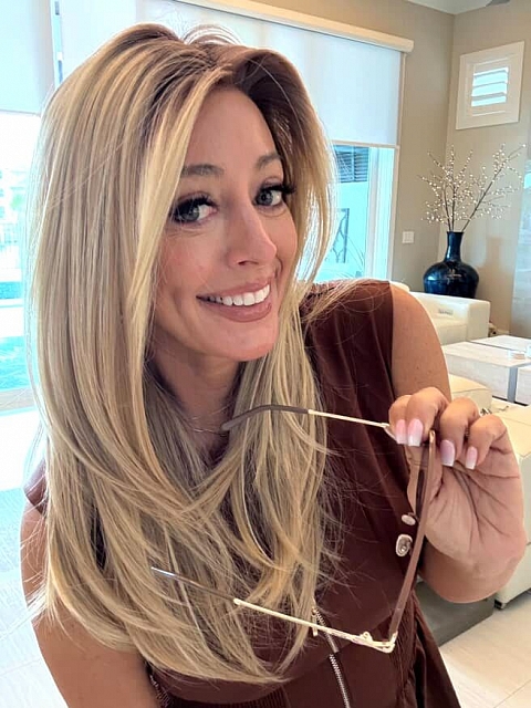 Glamvigor Hybrillia™ Blend Human Hair Trendy blonde ombre with gold highlights Straight  with side bangs Lace Part Wig GLP008