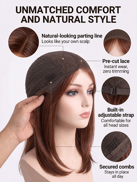 Glamvigor Hybrillia™ Blend Human Hair Dark Auburn Blend with Dark Brown  long layered  PRE-CUT Lace Part  Wig GLP071