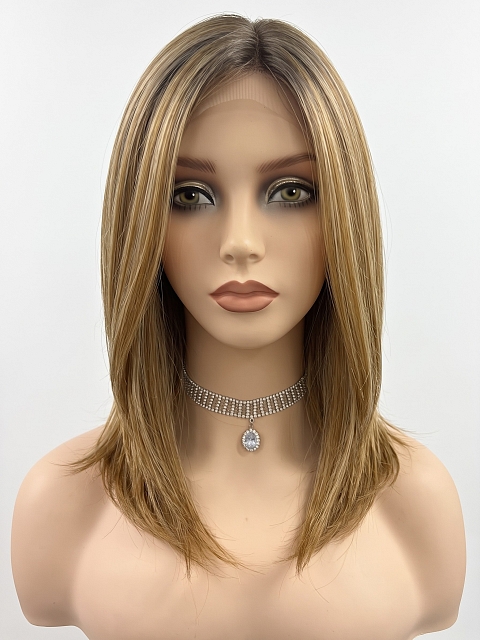Hybrillia Blend Human Hair Dark Blonde Evenly Blended with Medium Golden Blonde  shoulder-length layered Straight  Lace Part  wig glp040