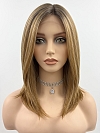 Hybrillia Blend Human Hair Dark Blonde Evenly Blended with Medium Golden Blonde  shoulder-length layered Straight  Lace Part  wig glp040