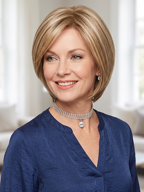 Glamvigor Hybrillia™ Blend Human Hair Beautiful medium brown base with bold light blonde highlights mid-length layered  Wig (Basic Cap) GBC013