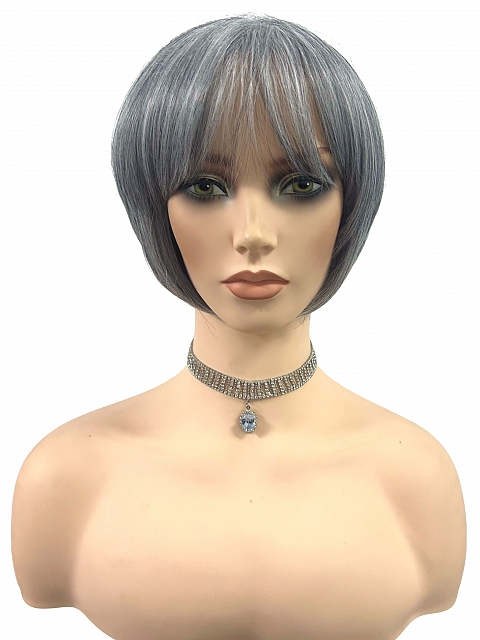 Glamvigor Hybrillia™ Blend Human Hair Perfect 80% black mixed 20% white Blended chin length bob with full bangs  Wig (Basic Cap) GBC024