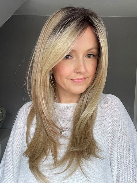 Hybrillia Blend Human Hair Trendy blonde ombre with gold highlights Straight  with side bangs Lace Part Wig GLP008