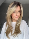 Hybrillia Blend Human Hair Trendy blonde ombre with gold highlights Straight  with side bangs Lace Part Wig GLP008
