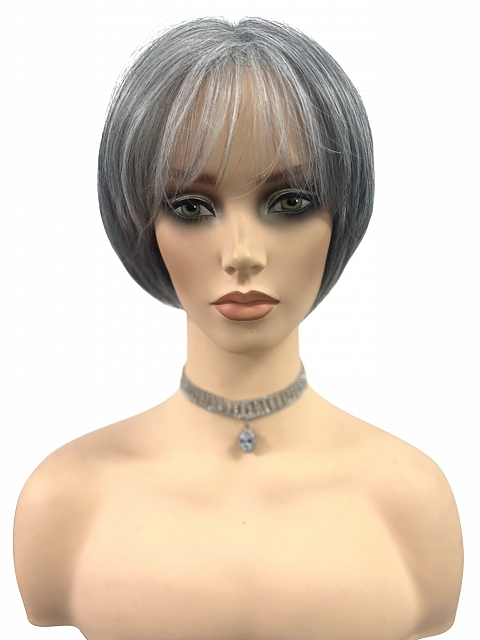 Glamvigor Hybrillia™ Blend Human Hair Grey with 40% white Blended short  length with full bangs bob Wig (Basic Cap) GBC021
