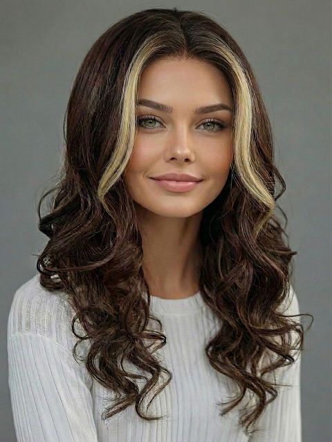 Glamvigor Hybrillia™ Blend Human Hair  Red Brown with Gold Blonde highlights Long  Beach Waves  Synthetic Lace Part Wig GLP056