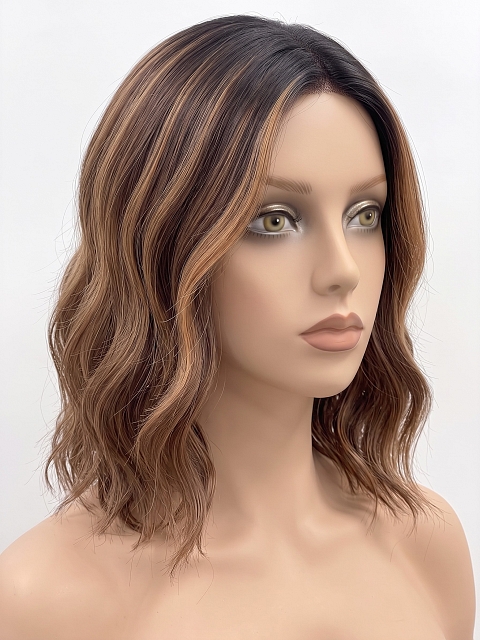 Glamvigor Hybrillia Blend Human Hair  ombre Auburn with  Blonde hights shoulder-length wavy PRE-CUT Lace Part Wig GLP079