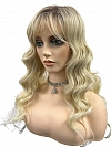 Glamvigor Hybrillia™ Blend Human Hair Milkshake Blonde ombre long layered wavy with Bangs Synthetic Wig (Basic Cap) GBC025
