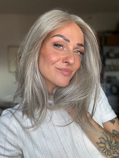 Luxury Light Brown with 75% Grey Blend with Soft White Tips shoulder length Synthetic Mono TOP Wig GMT002