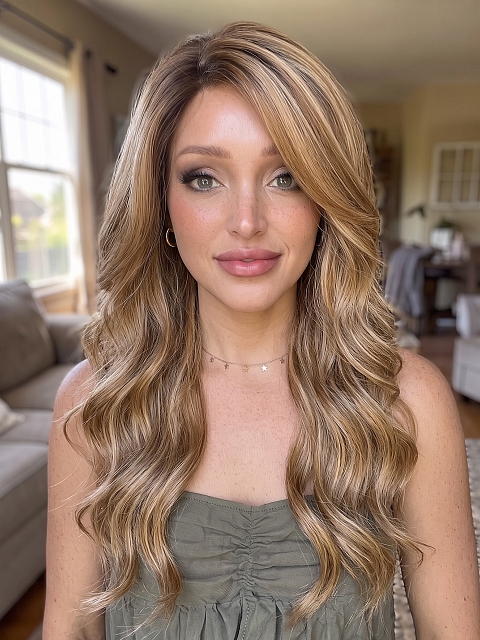 Glamvigor Hybrillia Blend Human Hair Blonde Blend with face-framing layers and soft wavy Lace Part Wig GLP036