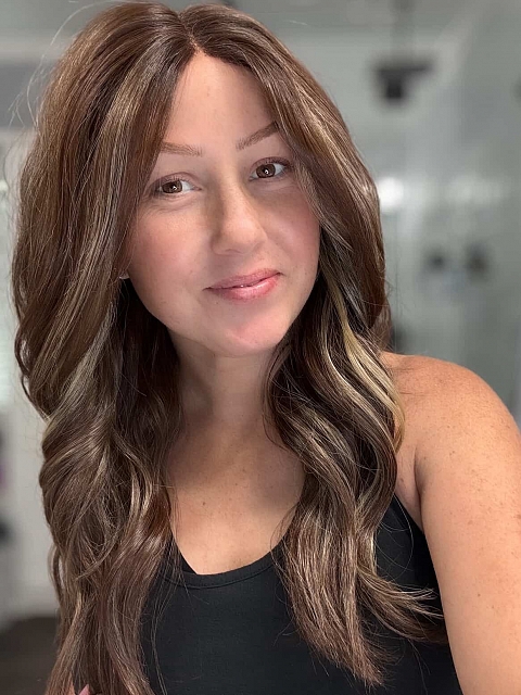 Gorgeous Brown with Light Honey Blonde Highlights and Dark Roots long bouncy barrel wavy  Synthetic Lace Part Wig GLP015