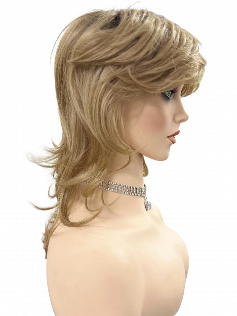 Dark Blonde Evenly Blended with Pale Blonde Highlights and Dark Roots mid-length shag with layered Synthetic Wig (Basic Cap) GBC020