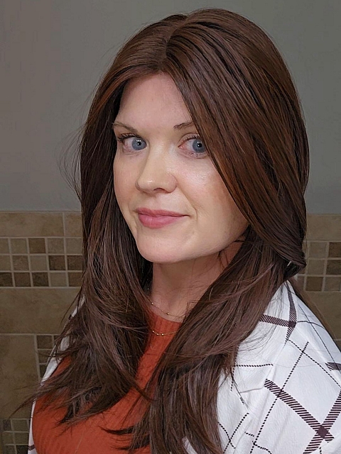 Glamvigor Hybrillia™ Blend Human Hair Stunning Medium Reddish Brown long layered  Lace Part Wig GLP011