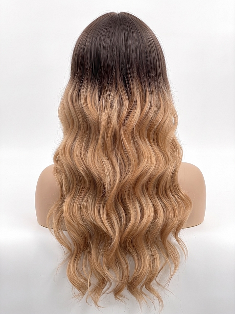 Glamvigor Hybrillia Blend Human Hair long blonde ombre layered wavy with Bangs Lace Part Wig GLP082