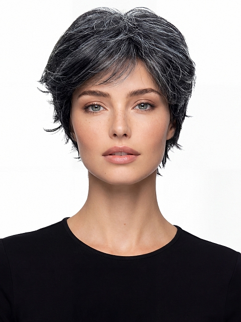 Glamvigor Hybrillia™ Blend Human Hair Cool Black mixed silver Short Wolf Cut with Bangs Wig (Basic Cap) GBC002