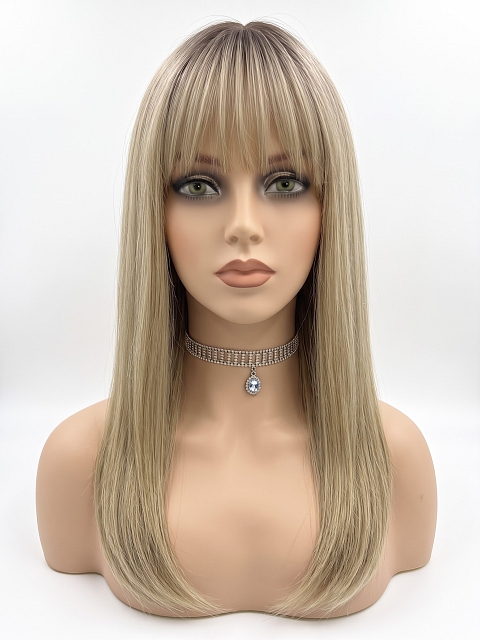 Glamvigor Hybrillia Blend Human Hair Elegantblonde ombre with FULL bangs long staright Lace  Wig GLP061