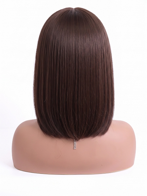 Glamvigor Hybrillia Blend Human Hair Dark Brown base with Light Reddish Brown highlights shoulder-length PRE-CUT Lace Part Wig GLP076