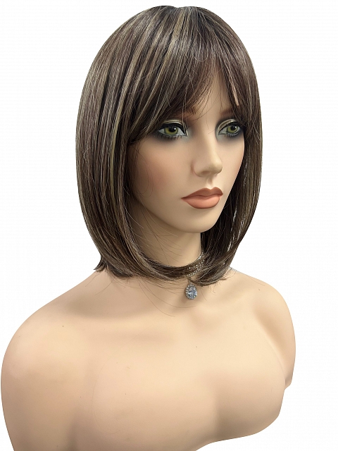 Natural soft brunette with highlights shoulder-length bob  with bangs synthetic Lace Part  wig glp038