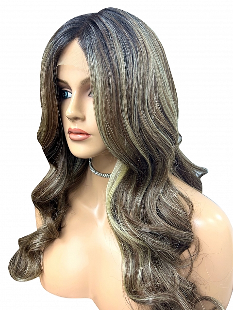 Gorgeous Brown with Light Honey Blonde Highlights and Dark Roots long bouncy barrel curls  Synthetic Lace Part Wig GLP015