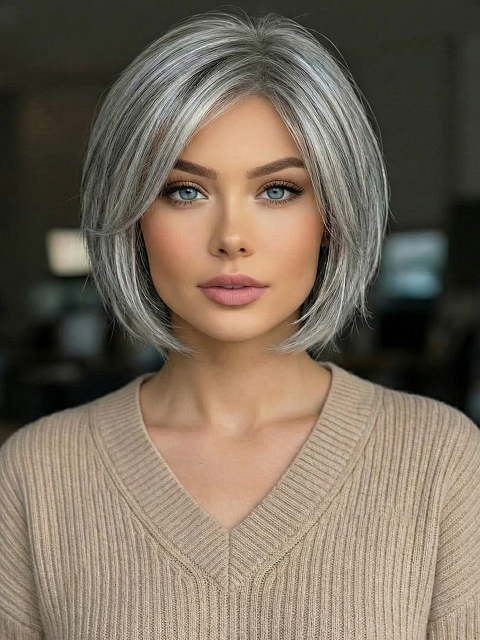 Glamvigor Hybrillia™ Blend Human Hair Grey with 40% white Blended short  length with full bangs bob Wig (Basic Cap) GBC021