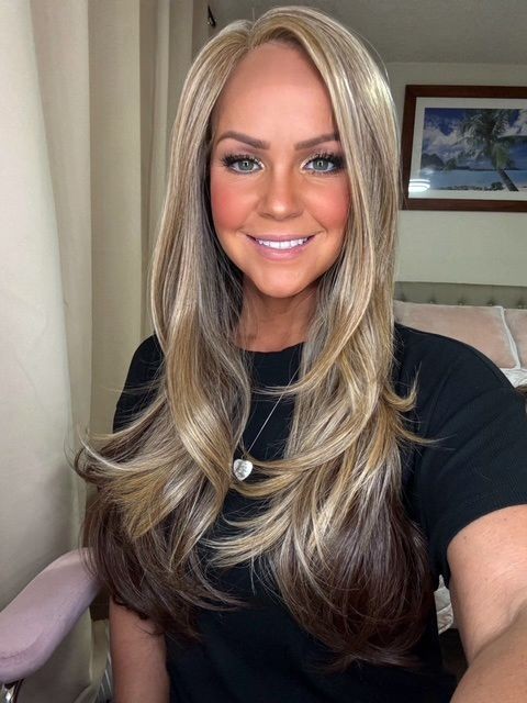 Warm Brown mixed Blonde long straight layered Synthetic Lace Part Wig GLP002