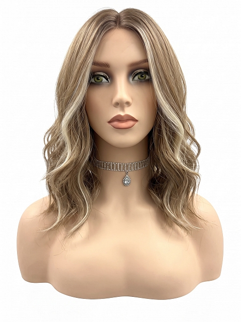 Glamvigor Hybrillia Blend Human Hair Medium Brown base with Light Golden Blonde highlights loose beach wavy  Lace Part  wig glp041