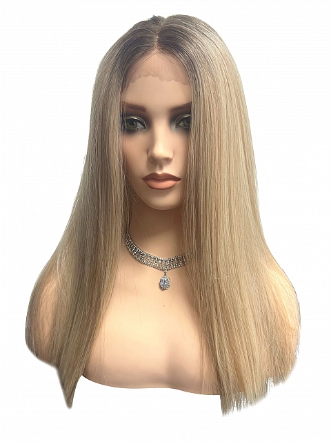 Glamvigor Hybrillia™ Blend Human Hair  Platinum with Shaded Roots long staright Lace Part Wig GLP066