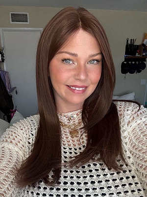 Glamvigor Hybrillia&trade; Blend Human Hair Soft dark brown long layered straight Lace Part Wig GLP005