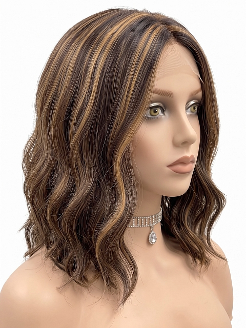 Glamvigor Hybrillia Blend Human Hair Gorgeous Warm Medium Brown with Ginger Blonde  long wavy bob Lace Part Wig GLP020
