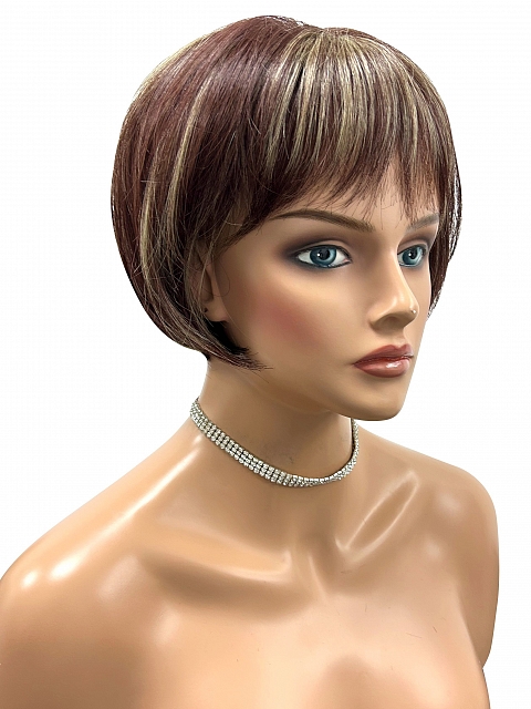 Medium Auburn base with Blonde Highlights Short  bob with soft bangs Synthetic Wig (Basic Cap) GBC005