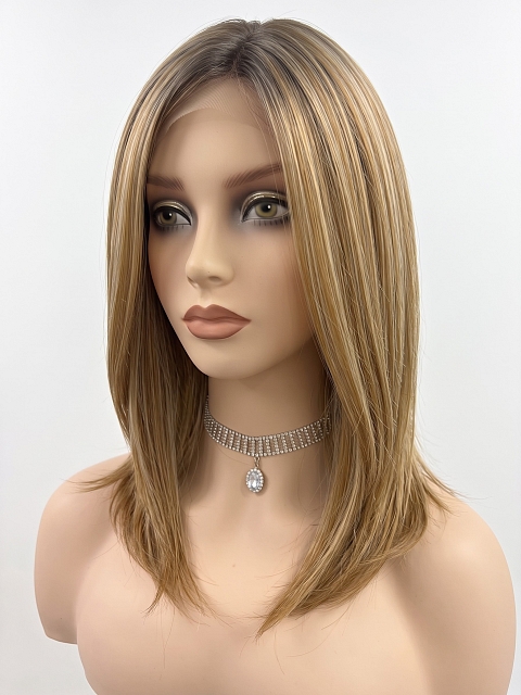 Hybrillia Blend Human Hair Dark Blonde Evenly Blended with Medium Golden Blonde  shoulder-length layered Straight  Lace Part  wig glp040
