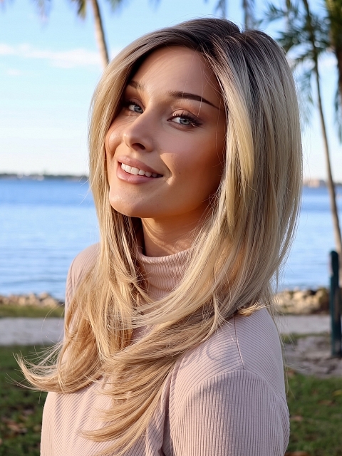 Hybrillia Blend Human Hair Trendy blonde ombre with gold highlights Straight  with side bangs Lace Part Wig GLP008