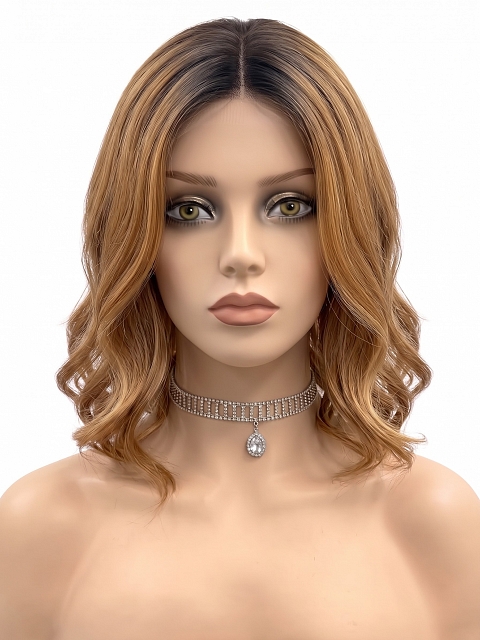 Glamvigor Hybrillia Blend Human Hair Fashion Ginger Blonde with Dark Roots Falling below the shoulders gentle wavy Lace Part Wig GLP019
