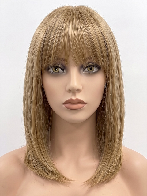 Glamvigor Hybrillia Blend Human Hair Trendy Ash Blonde mid-length with full wispy bangs Lace Wig glp034