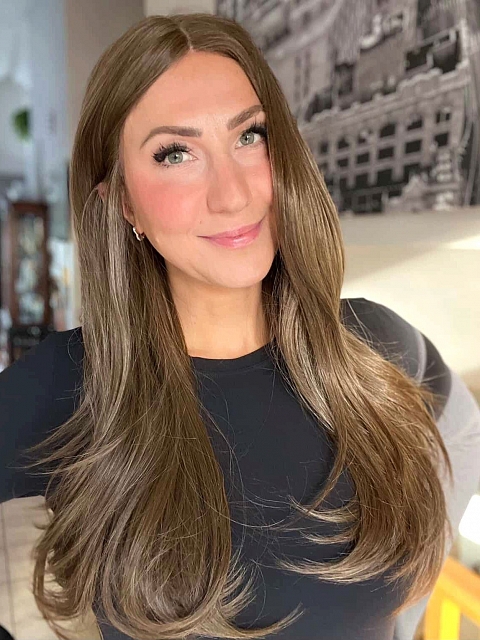 Glamvigor Hybrillia™ Blend Human Hair Chic Medium Brown long cascading staright Lace Part Wig GLP027