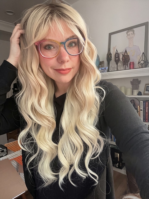 Glamvigor Hybrillia™ Blend Human Hair Milkshake Blonde ombre long layered wavy with Bangs Wig (Basic Cap) GBC025