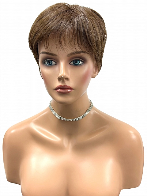 Glamvigor Hybrillia™ Blend Human Hair Classic Warm Brown Short Pixie with bangs Mono Top Wig GMT003