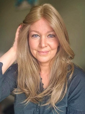 Glamvigor Hybrillia&trade; Blend Human Hair Natural Medium Ash Brown long layered  Lace Part Wig GLP012