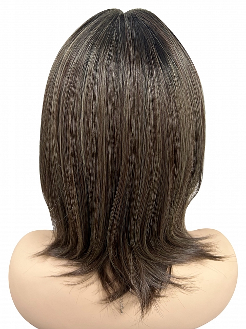 Natural soft brunette with highlights shoulder-length bob  with bangs synthetic Lace Part  wig glp038
