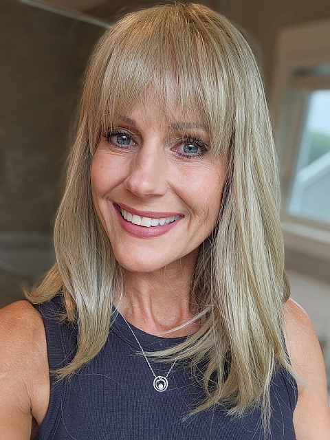 Trendy Ash Blonde mid-length with full wispy bangs Synthetic Lace Part Wig glp034