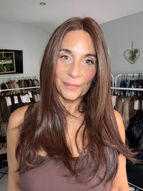 Glamvigor Hybrillia™ Blend Human Hair Stunning Medium Reddish Brown long layered  Lace Part Wig GLP011