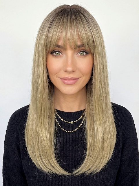 Glamvigor Hybrillia™ Blend Human Hair Elegantblonde ombre with FULL bangs long staright Lace  Wig GLP061