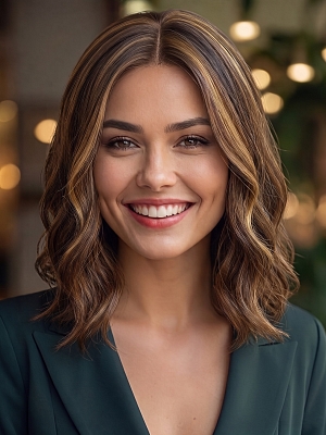 Glamvigor Hybrillia&trade; Blend Human Hair Gorgeous Warm Medium Brown with Ginger Blonde  long wavy bob Lace Part Wig GLP020