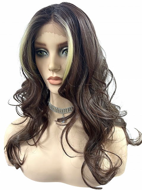 Glamvigor Hybrillia™ Blend Human Hair  Red Brown with Gold Blonde highlights Long  Beach Waves  Synthetic Lace Part Wig GLP056