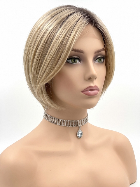 Glamvigor Hybrillia Blend Human Hair Light Ash Blonde Evenly Blended with Cool Platinum Blonde with Dark Roots multi-layered crop Wig (Basic Cap) GBC019
