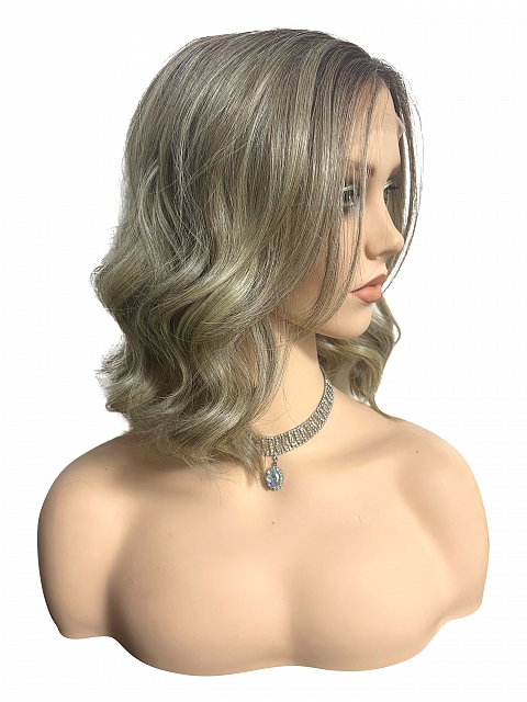 Glamvigor Hybrillia™ Blend Human Hair  Light Natural Blonde Blend with dark roots shoulder-length wavy Lace Part Wig GLP068