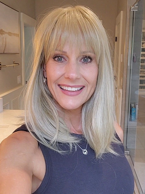 Trendy Ash Blonde mid-length with full wispy bangs Synthetic Lace Part Wig glp034